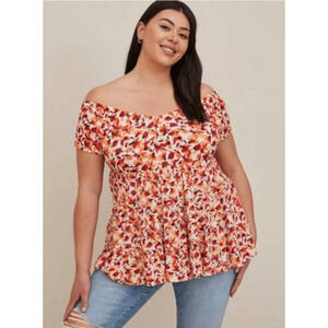 Torrid Orange and Red on White Print Babydoll Crinkle Top 5 (5X) 3728